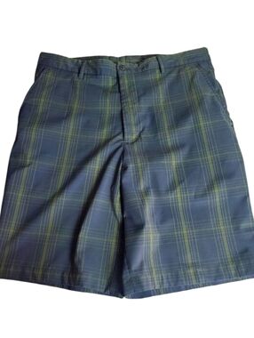 Slazenger Mens Golf Shorts Mens 34 Flat Front Gray Yellow Plaid Casual Sports